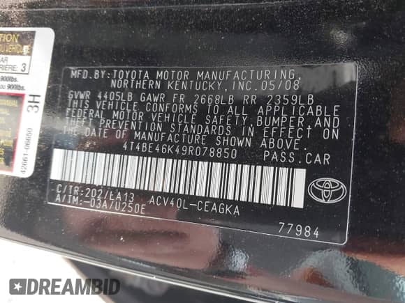 2009 Toyota Camry with VIN 4T4BE46K49R078850, listed as a IAAI auction lot 42937529 with 83,659 mi miles and . Bid and sale history available at DreamBid. Image 9.