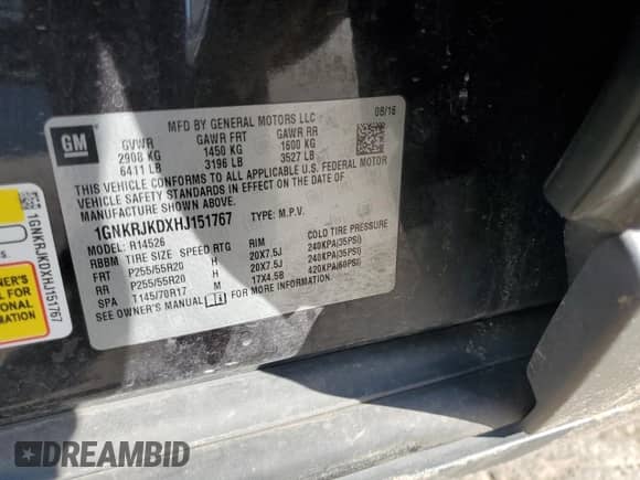 2017 Chevrolet Traverse Premier with VIN 1GNKRJKDXHJ151767, listed as a Copart auction lot 53249785 with Not provided miles and Clean title. Bid and sale history available at DreamBid. Image 15.