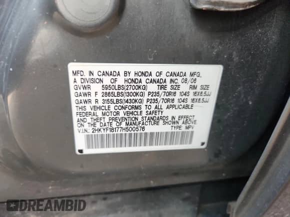 2007 Honda Pilot LX с VIN 2HKYF18177H500576, выставлен на аукционе Copart как лот 69687025 с пробегом 165 951 миль миль и Списание • Salvage title. История ставок и продаж доступна на DreamBid. Изображение 13.