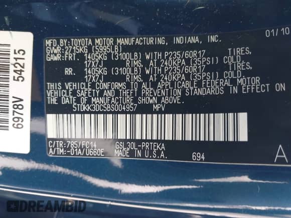 2011 Toyota Sienna LE AAS with VIN 5TDKK3DC5BS004957, listed as a IAAI auction lot 43230861 with 230,271 mi miles and . Bid and sale history available at DreamBid. Image 9.