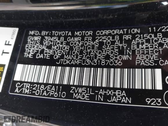 2022 Toyota Prius LE with VIN JTDKAMFU3N3187036, listed as a IAAI auction lot 43493399 with 98,731 mi miles and . Bid and sale history available at DreamBid. Image 9.