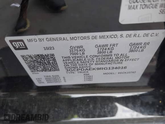 2024 Chevrolet Silverado 1500 Work Truck with VIN 3GCPDAEK9RG134016, listed as a IAAI auction lot 42857659 with 32,126 mi miles and . Bid and sale history available at DreamBid. Image 9.
