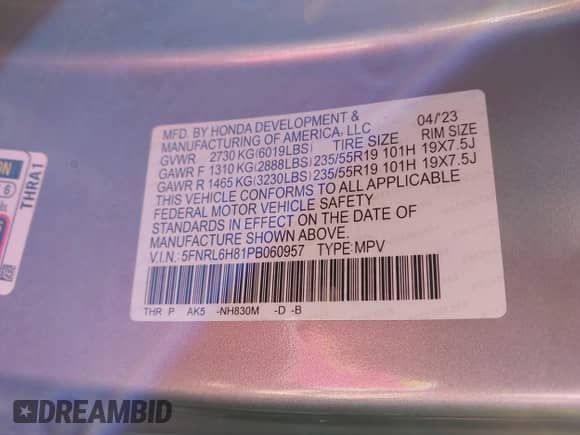 2023 Honda Odyssey Touring с VIN 5FNRL6H81PB060957, выставлен на аукционе IAAI как лот 43418061 с пробегом Не указан миль и . История ставок и продаж доступна на DreamBid. Изображение 9.