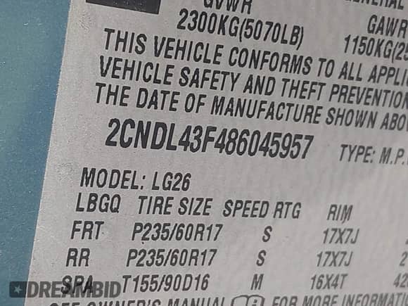 2008 Chevrolet Equinox LT с VIN 2CNDL43F486045957, выставлен на аукционе IAAI как лот 43201354 с пробегом 117 778 миль миль и . История ставок и продаж доступна на DreamBid. Изображение 9.