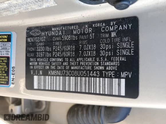 2008 Hyundai Veracruz GLS с VIN KM8NU73C08U051443, выставлен на аукционе Copart как лот 66169014 с пробегом 206 806 миль миль и Списание • Salvage title. История ставок и продаж доступна на DreamBid. Изображение 14.