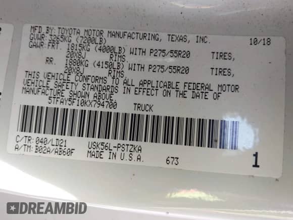2019 Toyota Tundra SR5 с VIN 5TFAY5F10KX794700, выставлен на аукционе IAAI как лот 43403599 с пробегом 95 983 миль миль и . История ставок и продаж доступна на DreamBid. Изображение 9.