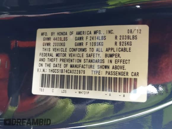 2012 Honda Accord EX с VIN 1HGCS1B74CA022879, выставлен на аукционе IAAI как лот 43183607 с пробегом 104 244 миль миль и . История ставок и продаж доступна на DreamBid. Изображение 9.