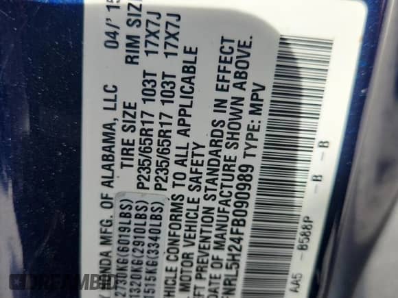 2015 Honda Odyssey LX with VIN 5FNRL5H24FB090989, listed as a Copart auction lot 85265575 with 129,952 mi miles and Salvage title. Bid and sale history available at DreamBid. Image 13.