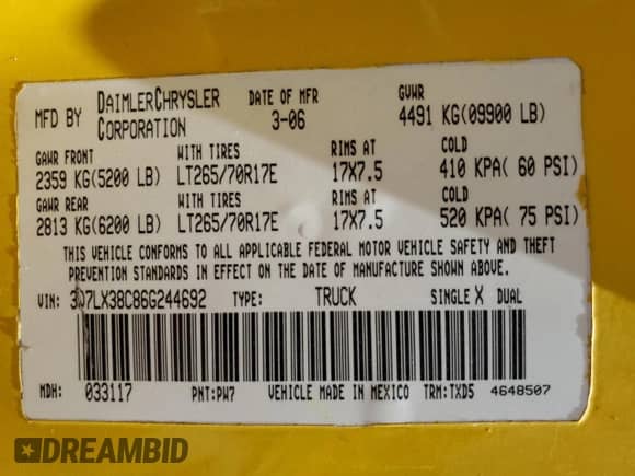 2006 Dodge 3500 ST z VIN 3D7LX38C86G244692, wystawiony jako Copart lot #54423665 z przebiegiem Nie podano mil oraz Szkoda całkowita • Salvage title. Historia ofert i sprzedaży dostępna na DreamBid. Obrazek 12.