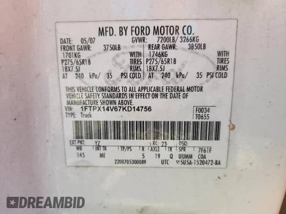 2007 Ford F-150 XLT с VIN 1FTPX14V67KD14756, выставлен на аукционе Copart как лот 87464905 с пробегом 237 234 миль миль и Списание • Salvage title. История ставок и продаж доступна на DreamBid. Изображение 12.