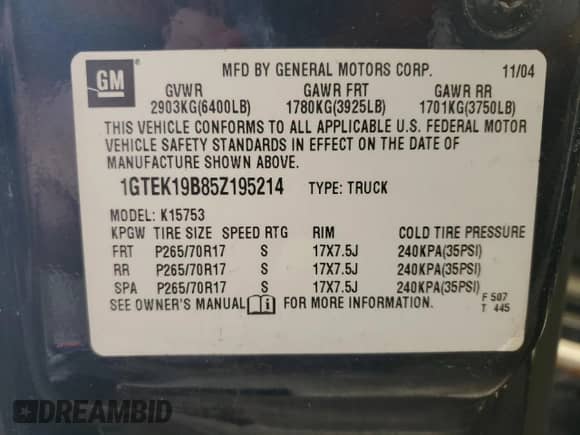 2005 GMC Sierra 1500 SLE с VIN 1GTEK19B85Z195214, выставлен на аукционе Copart как лот 85295805 с пробегом 121 323 миль миль и Чистый • Clean title. История ставок и продаж доступна на DreamBid. Изображение 12.