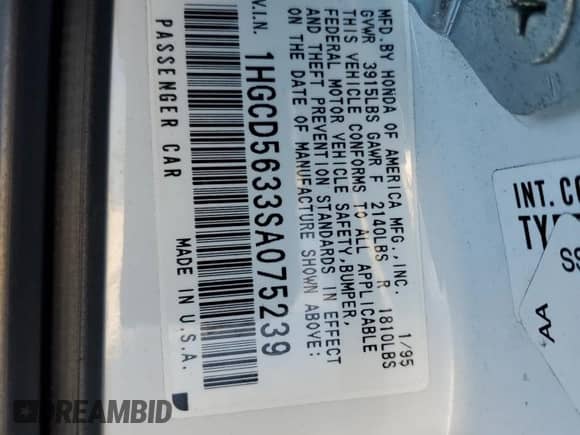 1995 Honda Accord LX z VIN 1HGCD5633SA075239, wystawiony jako Copart lot #41386425 z przebiegiem 244 611 mil mil oraz Szkoda całkowita • Salvage title. Historia ofert i sprzedaży dostępna na DreamBid. Obrazek 14.