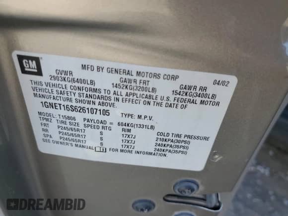 2002 Chevrolet TrailBlazer EXT LT z VIN 1GNET16S626107105, wystawiony jako Copart lot #87052534 z przebiegiem 222 783 mil mil oraz Szkoda całkowita • Salvage title. Historia ofert i sprzedaży dostępna na DreamBid. Obrazek 13.