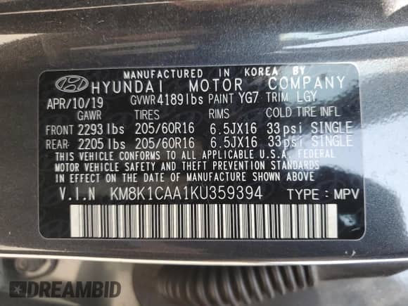 2019 Hyundai Kona SE with VIN KM8K1CAA1KU359394, listed as a Copart auction lot 67246705 with 39,116 mi miles and Non repairable. Bid and sale history available at DreamBid. Image 13.