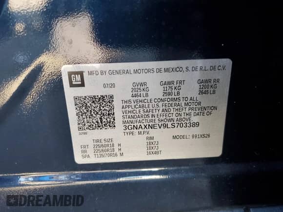 2020 Chevrolet Equinox Premier with VIN 3GNAXNEV9LS703389, listed as a Copart auction lot 69474775 with 19,155 mi miles and Non repairable. Bid and sale history available at DreamBid. Image 14.