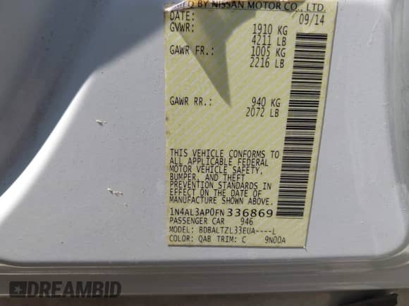 2015 Nissan Altima 2.5 с VIN 1N4AL3AP0FN336869, выставлен на аукционе IAAI как лот 43147069 с пробегом 130 493 миль миль и . История ставок и продаж доступна на DreamBid. Изображение 9.