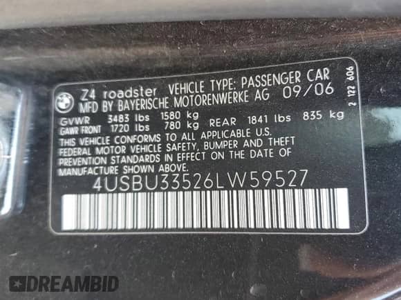 2006 BMW Z4 3.0i с VIN 4USBU33526LW59527, выставлен на аукционе Copart как лот 61215295 с пробегом 104 071 миль миль и На запчасти • Non repairable. История ставок и продаж доступна на DreamBid. Изображение 12.