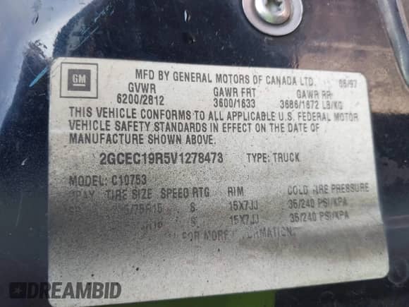 1997 Chevrolet Silverado 1500 with VIN 2GCEC19R5V1278473, listed as a IAAI auction lot 43271055 with 307,129 mi miles and . Bid and sale history available at DreamBid. Image 9.