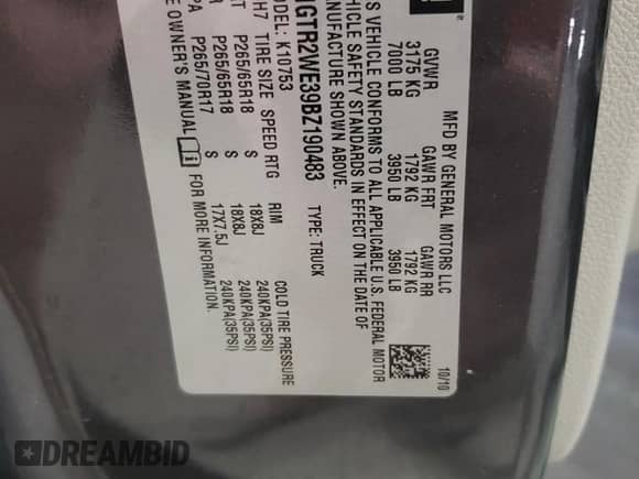 2011 GMC Sierra 1500 SLT with VIN 1GTR2WE39BZ190483, listed as a Copart auction lot 54479985 with 161,165 mi miles and Salvage title. Bid and sale history available at DreamBid. Image 12.