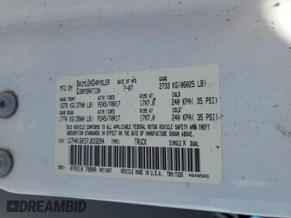 2007 Dodge 1500 ST z VIN 1D7HA16K57J633294, wystawiony jako Copart lot #71986785 z przebiegiem 203 921 mil mil oraz Czysty tytuł • Clean title. Historia ofert i sprzedaży dostępna na DreamBid. Obrazek 12.