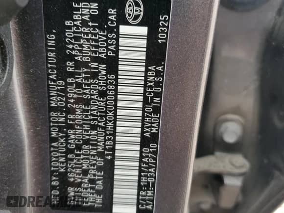 2019 Toyota Camry Hybrid LE с VIN 4T1B31HK0KU006836, выставлен на аукционе Copart как лот 68017745 с пробегом 75 193 миль миль и Списание • Salvage title. История ставок и продаж доступна на DreamBid. Изображение 12.