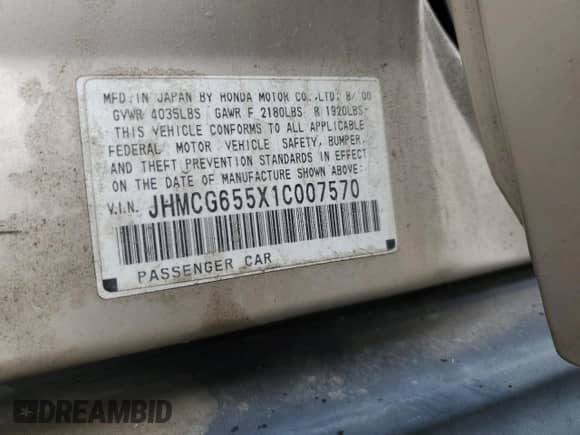 2001 Honda Accord with VIN JHMCG655X1C007570, listed as a Copart auction lot 85079744 with 267,348 mi miles and Salvage title. Bid and sale history available at DreamBid. Image 12.