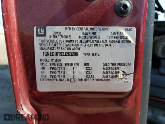 2002 Chevrolet Suburban LT with VIN 1GNEC16T92J263290, listed as a Copart auction lot 68007235 with 140,125 mi miles and Salvage title. Bid and sale history available at DreamBid. Image 13.