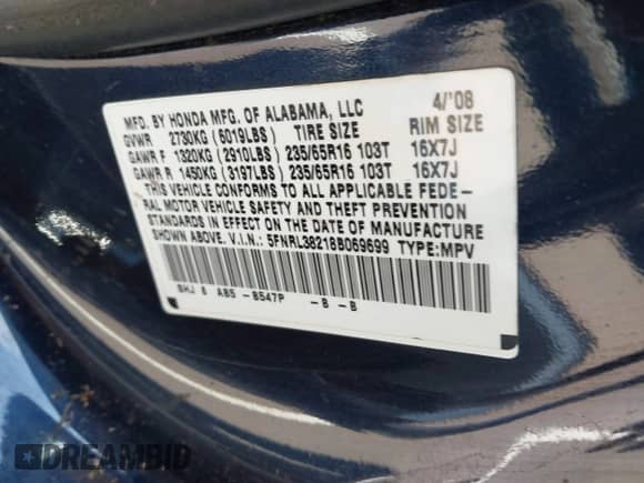 2008 Honda Odyssey LX with VIN 5FNRL38218B069699, listed as a IAAI auction lot 43353686 with 176,459 mi miles and . Bid and sale history available at DreamBid. Image 9.