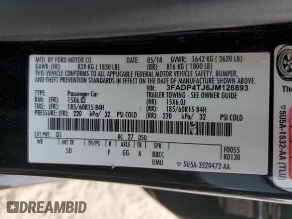 2018 Ford Fiesta S with VIN 3FADP4TJ6JM126893, listed as a Copart auction lot 81712765 with 76,810 mi miles and Salvage title. Bid and sale history available at DreamBid. Image 12.