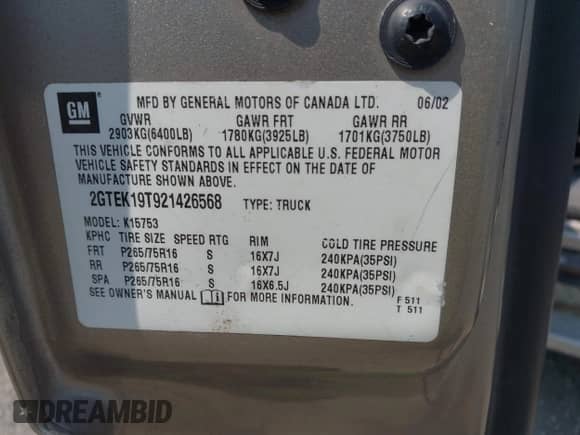 2002 GMC Sierra 1500 SLE z VIN 2GTEK19T921426568, wystawiony jako IAAI lot #42930637 z przebiegiem 141 980 mil mil oraz . Historia ofert i sprzedaży dostępna na DreamBid. Obrazek 9.