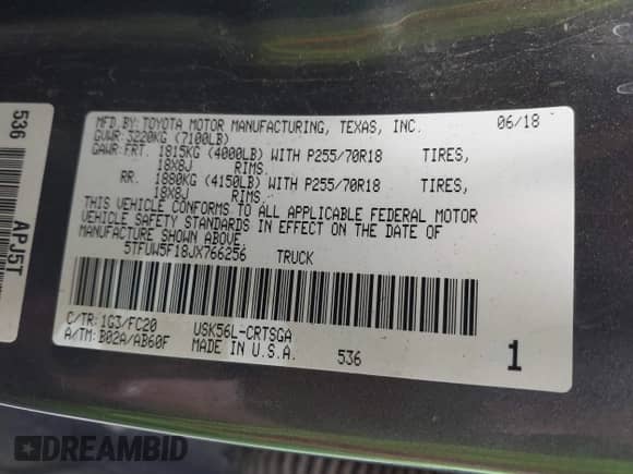 2018 Toyota Tundra SR с VIN 5TFUW5F18JX766256, выставлен на аукционе IAAI как лот 42727526 с пробегом Не указан миль и . История ставок и продаж доступна на DreamBid. Изображение 9.