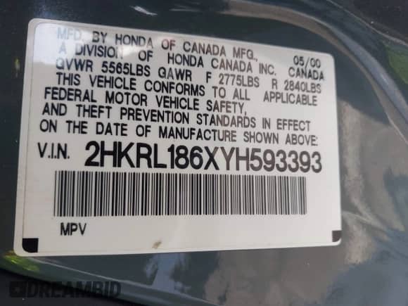 2000 Honda Odyssey EX with VIN 2HKRL186XYH593393, listed as a IAAI auction lot 42877242 with 164,593 mi miles and . Bid and sale history available at DreamBid. Image 9.