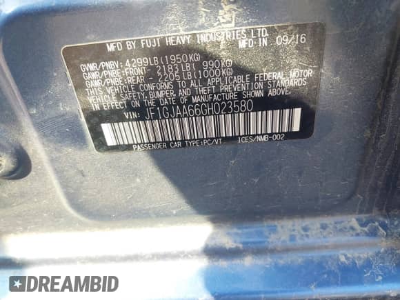 2016 Subaru Impreza with VIN JF1GJAA66GH023580, listed as a IAAI auction lot 43128014 with 144,909 mi miles and . Bid and sale history available at DreamBid. Image 9.