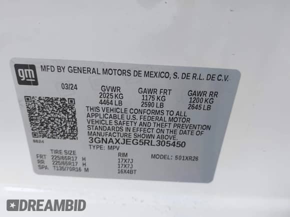 2024 Chevrolet Equinox LT с VIN 3GNAXJEG5RL305450, выставлен на аукционе IAAI как лот 42273664 с пробегом 4 432 миль миль и . История ставок и продаж доступна на DreamBid. Изображение 9.