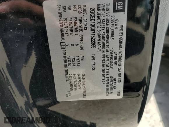 2007 Chevrolet Silverado 1500 Work Truck z VIN 2GCEC13C871522365, wystawiony jako Copart lot #56700375 z przebiegiem 236 357 mil mil oraz Szkoda całkowita • Salvage title. Historia ofert i sprzedaży dostępna na DreamBid. Obrazek 12.
