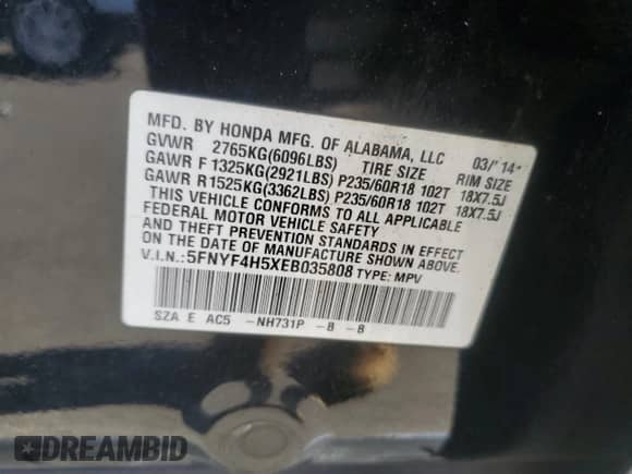 2014 Honda Pilot EX-L с VIN 5FNYF4H5XEB035808, выставлен на аукционе Copart как лот 69664535 с пробегом 236 067 миль миль и Чистый • Clean title. История ставок и продаж доступна на DreamBid. Изображение 13.