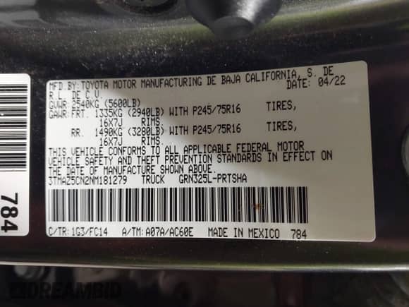 2022 Toyota Tacoma SR5 с VIN 3TMAZ5CN2NM181279, выставлен на аукционе IAAI как лот 43317687 с пробегом 129 450 миль миль и . История ставок и продаж доступна на DreamBid. Изображение 9.