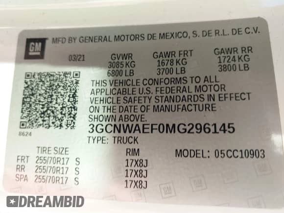 2021 Chevrolet Silverado 1500 Work Truck with VIN 3GCNWAEF0MG296145, listed as a IAAI auction lot 43528366 with 60,715 mi miles and . Bid and sale history available at DreamBid. Image 9.