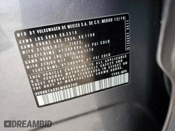 2020 Volkswagen Tiguan S с VIN 3VV0B7AX9LM088368, выставлен на аукционе Copart как лот 70781905 с пробегом 76 891 миль миль и Списание • Salvage title. История ставок и продаж доступна на DreamBid. Изображение 14.