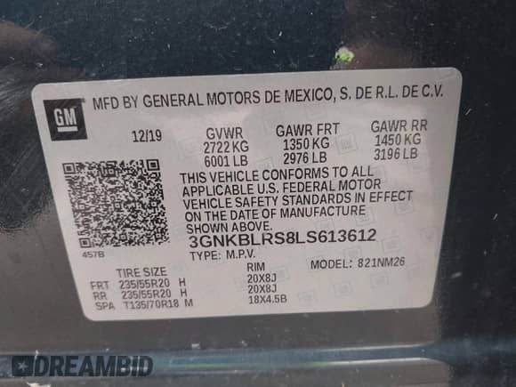 2020 Chevrolet Blazer Premier with VIN 3GNKBLRS8LS613612, listed as a IAAI auction lot 42773088 with 83,625 mi miles and . Bid and sale history available at DreamBid. Image 9.