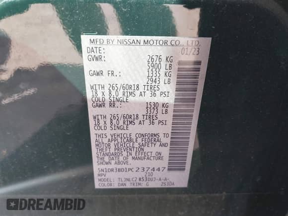 2023 Nissan Pathfinder Rock Creek with VIN 5N1DR3BD1PC237447, listed as a IAAI auction lot 41741346 with 23,554 mi miles and . Bid and sale history available at DreamBid. Image 9.