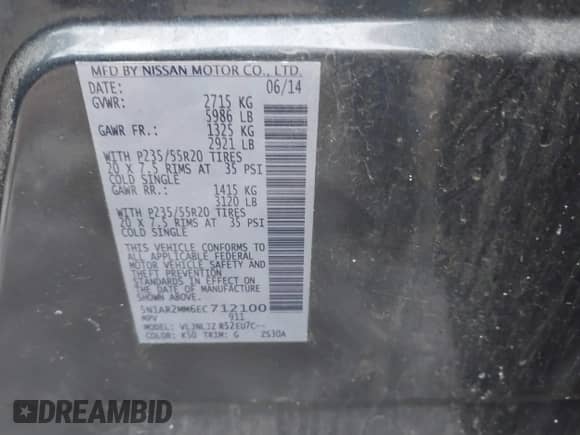 2014 Nissan Pathfinder SV z VIN 5N1AR2MM6EC712100, wystawiony jako IAAI lot #41383321 z przebiegiem 163 838 mil mil oraz . Historia ofert i sprzedaży dostępna na DreamBid. Obrazek 9.