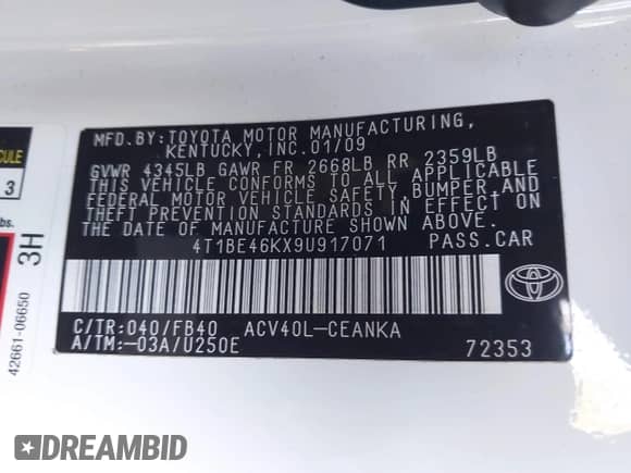 2009 Toyota Camry with VIN 4T1BE46KX9U917071, listed as a IAAI auction lot 43397265 with 232,280 mi miles and . Bid and sale history available at DreamBid. Image 9.