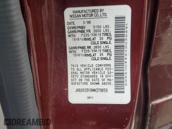 1998 Nissan Pathfinder XE with VIN JN8AR05Y6WW279859, listed as a Copart auction lot 50456455 with 195,242 mi miles and Clean title. Bid and sale history available at DreamBid. Image 13.