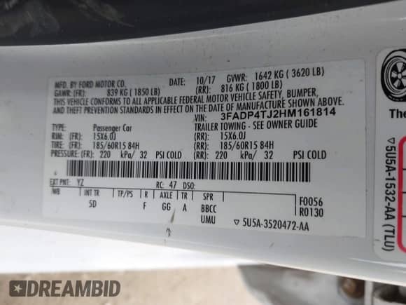 2017 Ford Fiesta S z VIN 3FADP4TJ2HM161814, wystawiony jako IAAI lot #41849003 z przebiegiem 107 836 mil mil oraz . Historia ofert i sprzedaży dostępna na DreamBid. Obrazek 9.