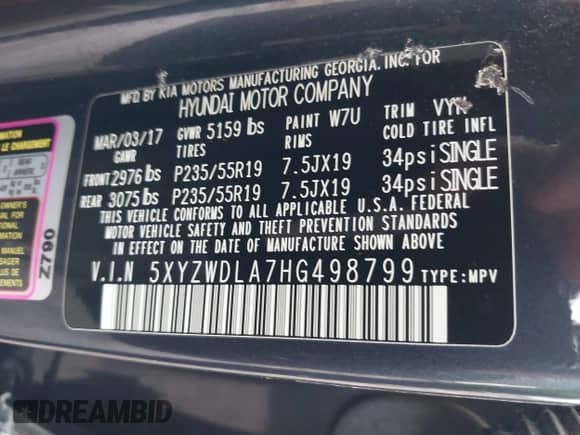 2017 Hyundai Santa Fe Ultimate with VIN 5XYZWDLA7HG498799, listed as a IAAI auction lot 43192336 with 95,204 mi miles and . Bid and sale history available at DreamBid. Image 9.