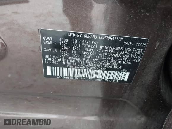 2019 Subaru Ascent Touring with VIN 4S4WMARD6K3440442, listed as a IAAI auction lot 43242112 with 69,378 mi miles and . Bid and sale history available at DreamBid. Image 9.