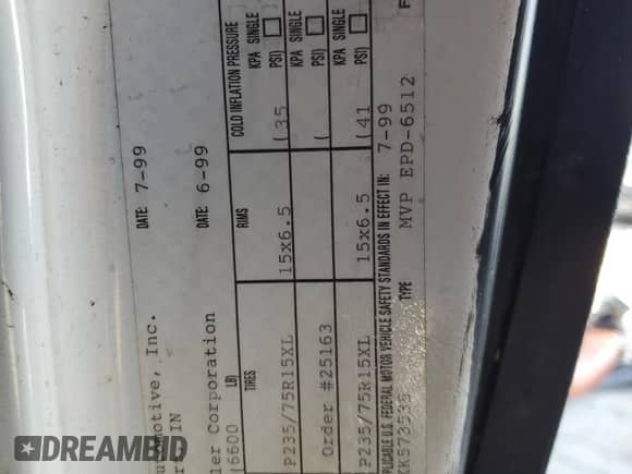 1999 Dodge Cargo Conversion with VIN 2B6HB11Y2XK573535, listed as a Copart auction lot 86497215 with 114,338 mi miles and Salvage title. Bid and sale history available at DreamBid. Image 14.