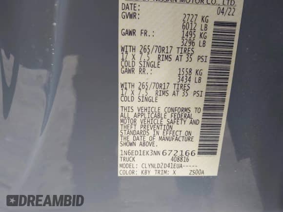 2022 Nissan Frontier Pro-4X with VIN 1N6ED1EK3NN672166, listed as a IAAI auction lot 41764333 with 64,003 mi miles and . Bid and sale history available at DreamBid. Image 9.