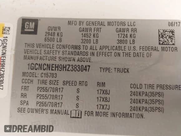 2017 Chevrolet Silverado 1500 Work Truck with VIN 1GCNCNEH9HZ383047, listed as a IAAI auction lot 41720572 with 112,120 mi miles and . Bid and sale history available at DreamBid. Image 9.